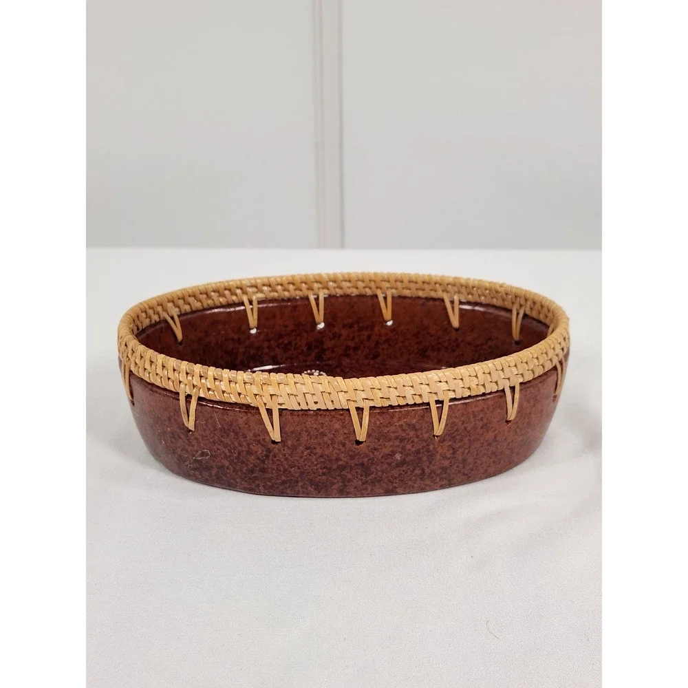 VTG Terracotta‎ Fish Bowl with Woven Rattan Trim Boho Decor Handmade 5.5